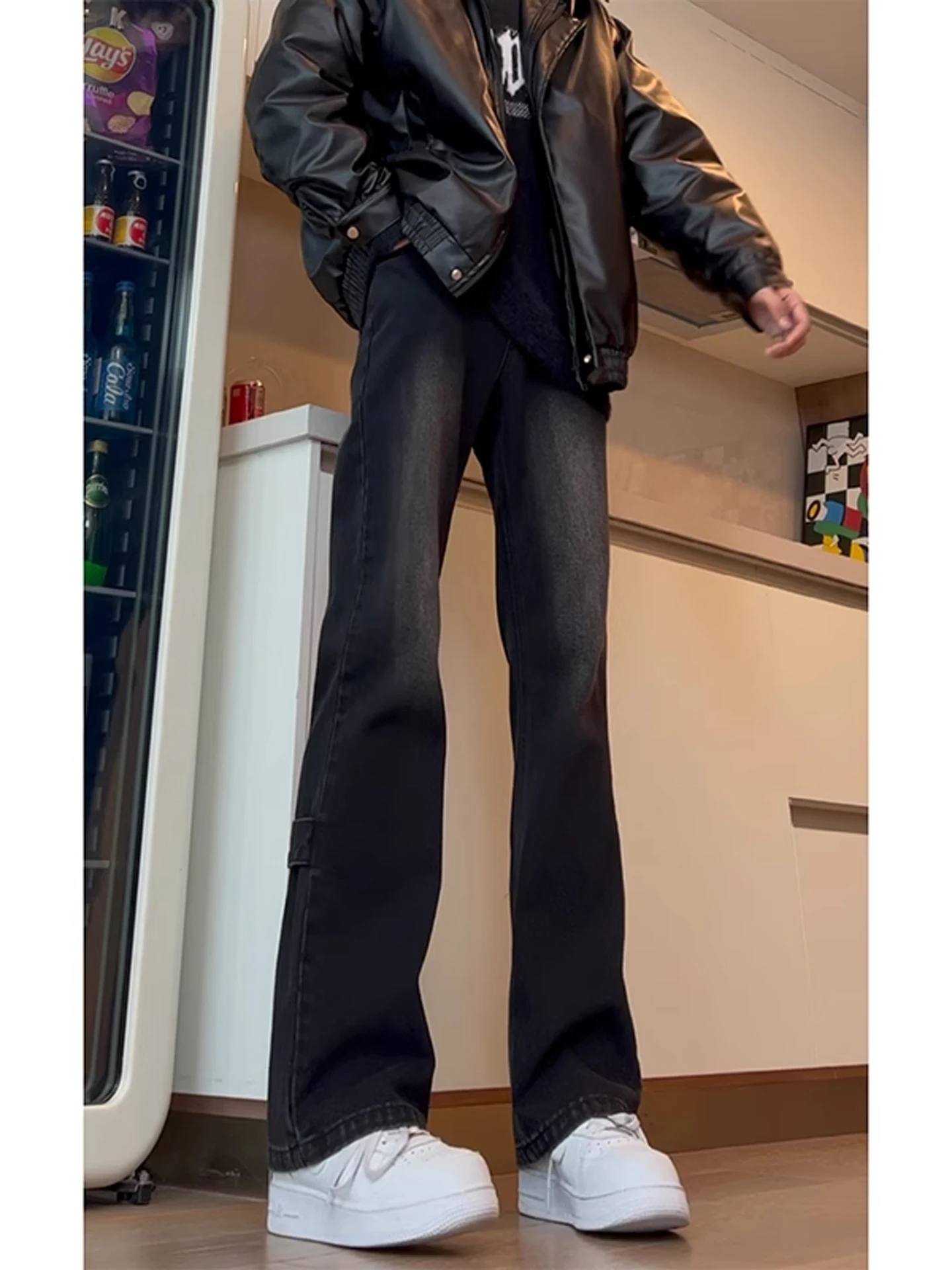 

Tall Men's Fce Lined Bootcut Straight Leg Jeans Trendy Cleanfit Retro Brand High Waist Denim Pants for Teenagers Winter Wear