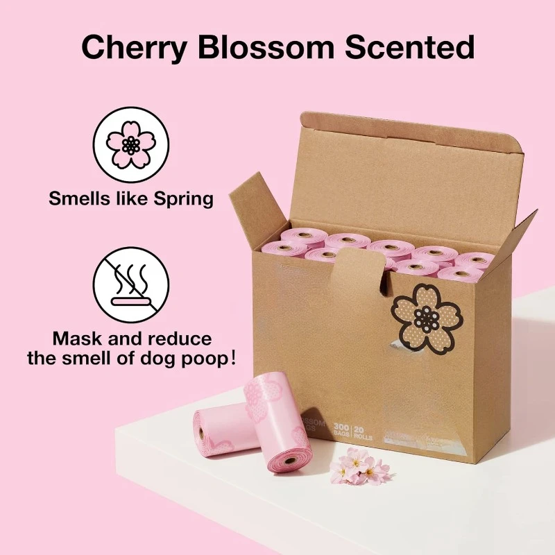 Bag Dispenser with Cherry Blossom Scented Bags, Leak Proof, Extra Thick and 105 Bags for Walking Cats Litter, Pink