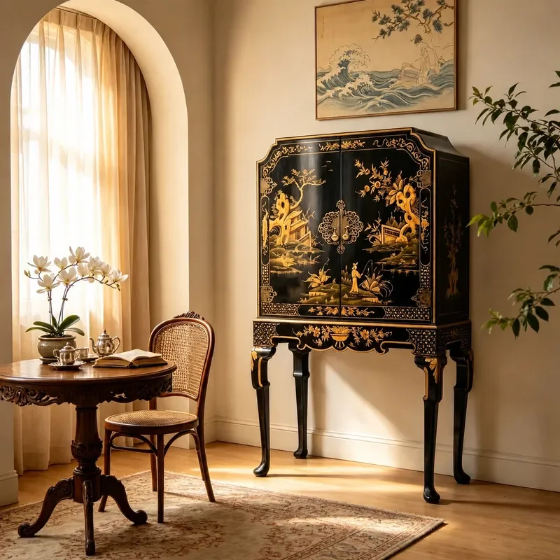 Medieval Solid Wood Wine Cabinet Hand Painted Gold Lacquer High Footed Display Cabinet for Living Room Entrance Hallway