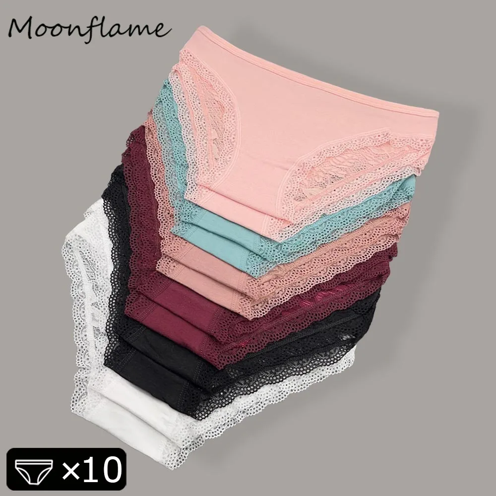 Moonflame 10 قطع الملابس الداخلية النسائية الإناث ملخصات القطن بلون مثير الدانتيل سراويل نسائية