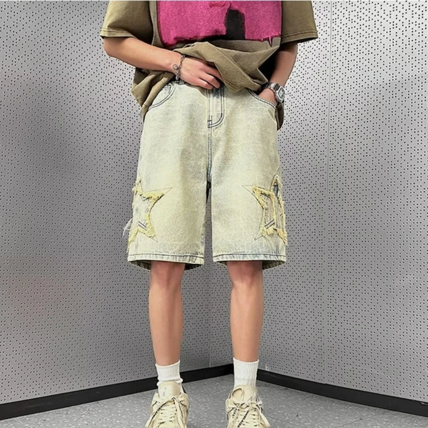 خمر الرجال الصيف ستار الدنيم السراويل عارضة الهيب هوب الرباط مستقيم فضفاض خمس نقاط السراويل الجينز