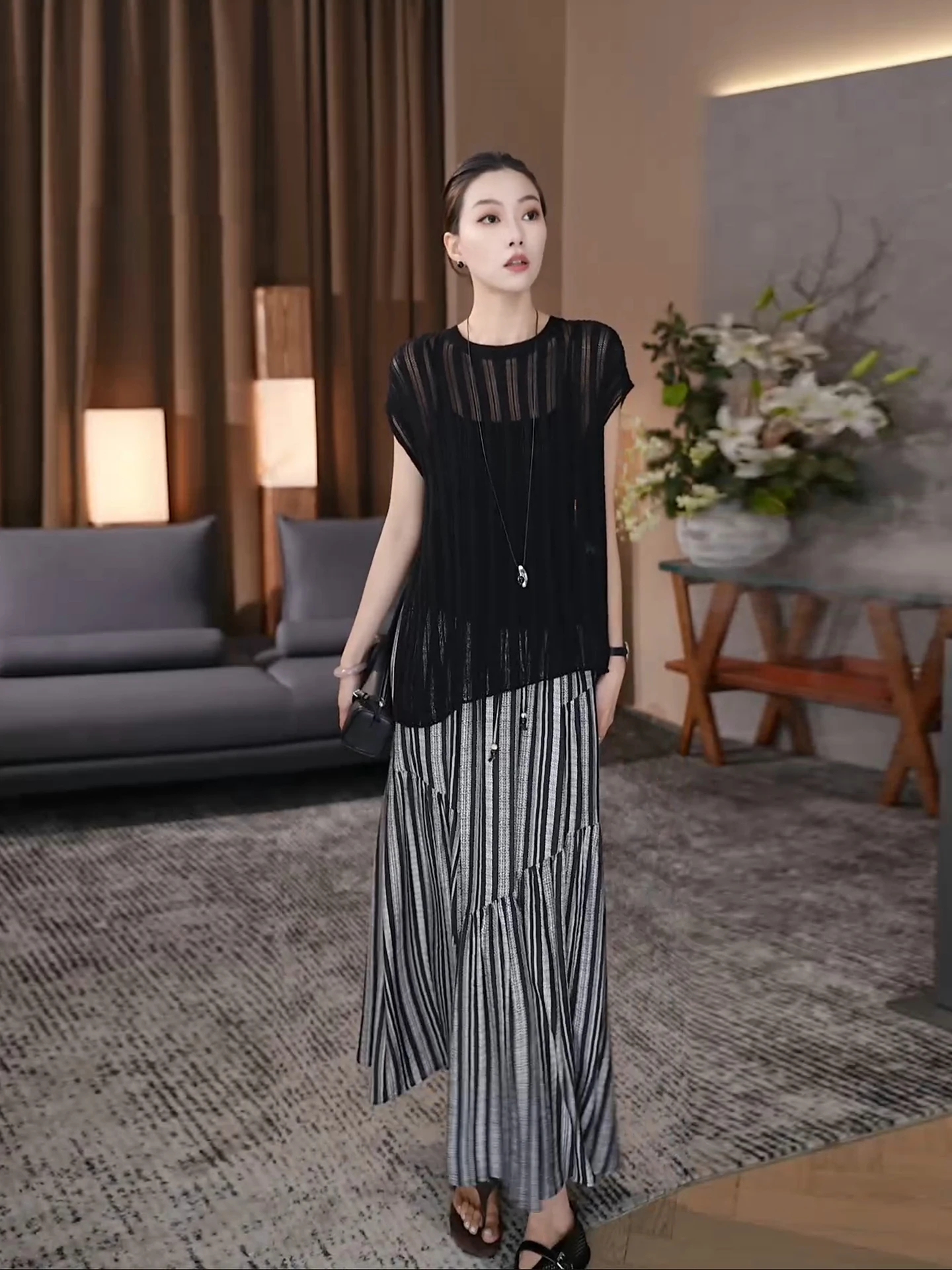 

Faionable Striped Midi Skirt Women's Retro f-length Skirts Summer 2025 High Waist Gel Fiber A-line Skirt Casual Print