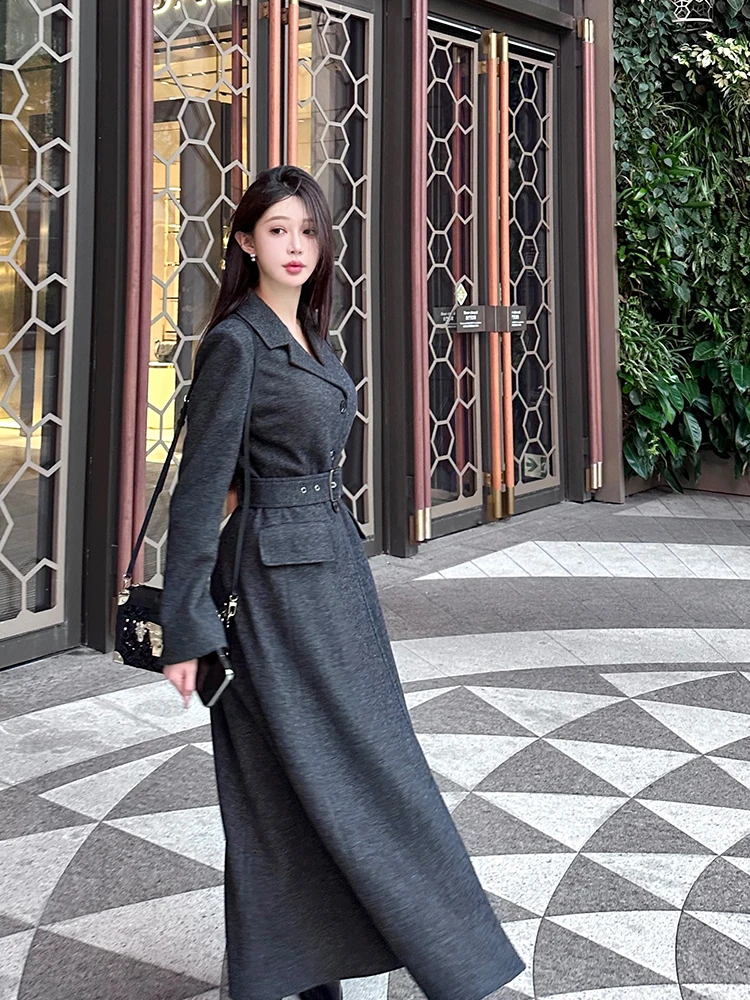 

Тяжелое шерстяное пальто с поясом и зигзагообразным узором, удлиненное, с завышенной талией, в корейском стиле, для повседневной носки, однотонное, из полиэстера...