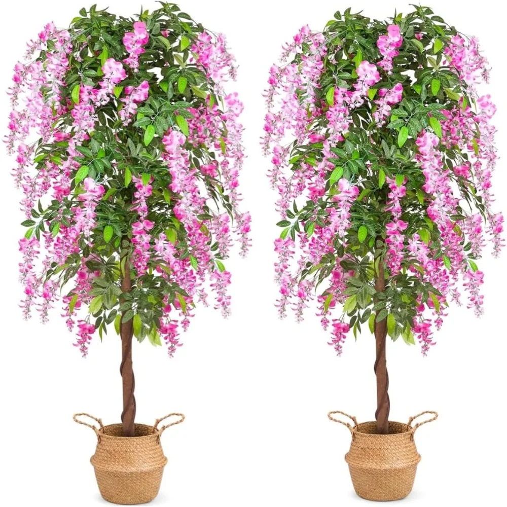 نباتات شجرة اصطناعية بطول 6 أقدام، شجرة الوستارية المزيفة مع سلة منسوجة من الأعشاب البحرية لديكور المنزل الداخلي والخارجي والمكتب وغرفة المعيشة والشرفة