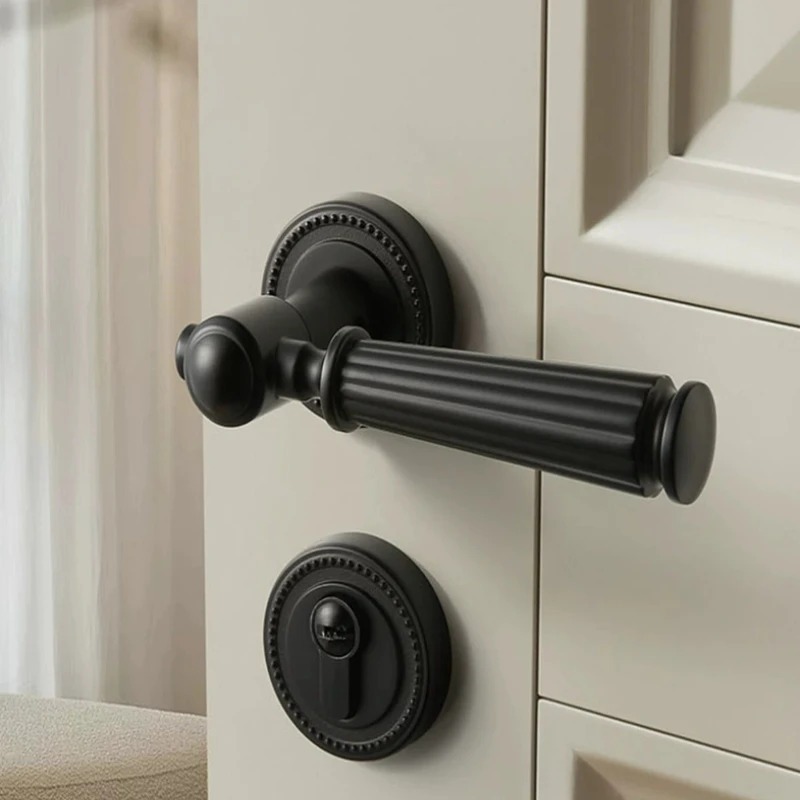 

Vintage Black French Door Lock, Magnetic Quiet Bedroom Latch, American Retro Wood Knob, Smooth Fine Touch Mechanical Cylinder