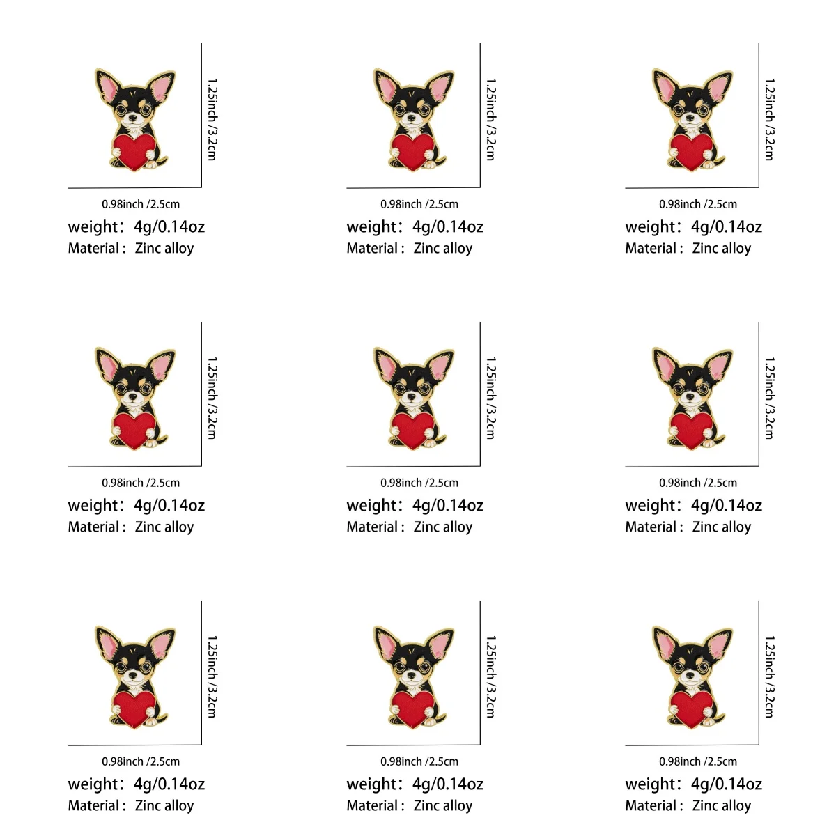 9 Stück Niedliche Chihuahua-Hunde mit Rotem Herz Emaille-Brosche Metall-Anstecknadel für Kleidung, Rucksack, Tier-Schmuck-Accessoires – Detail 1