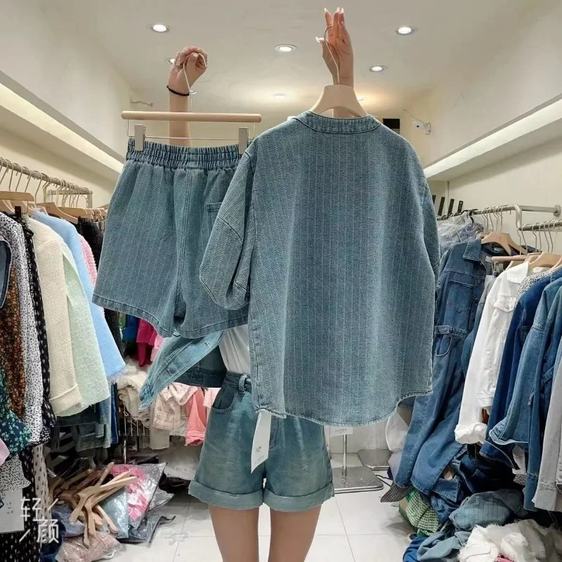 V Neck Loose Denim Shirts Short Sleeve Jacket Summer Sets Womens Outfits 2 Piece Shorts Vintage Streetwear Y2k 2024 Chic Tops