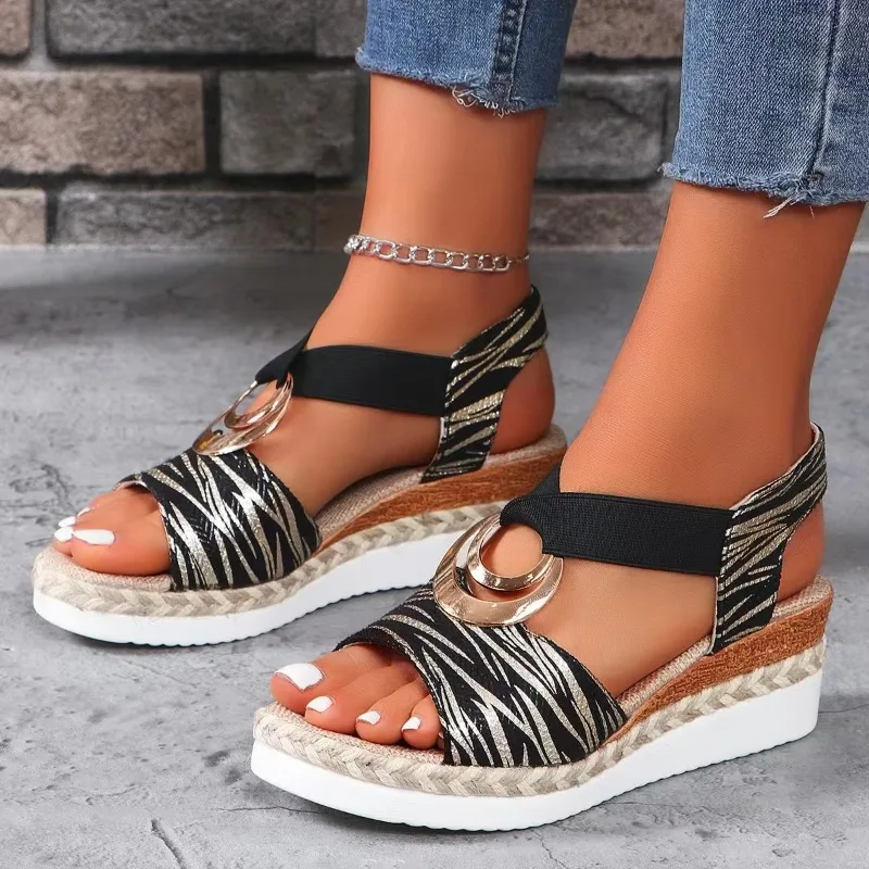 

2025 Women's Summer Wedge Sandals Elastic Strap Metal Decoration One Kick Shoes for Women dress Daily Commute Sandalias De Mujer