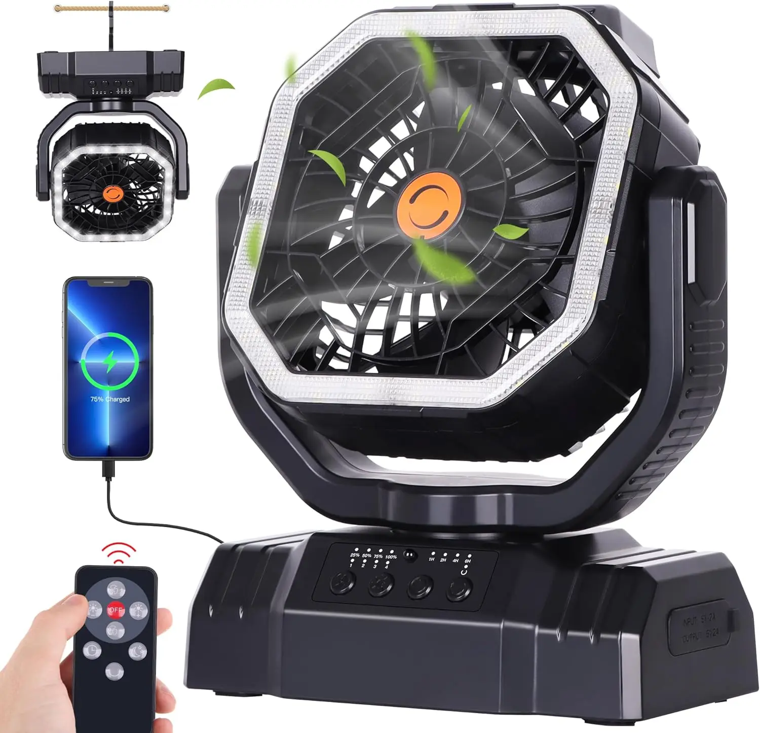 New High Speed Portable Camping Fan Rechargeable Fan, Oscillation Fan with Remote Control, and LED Light Battery Powered