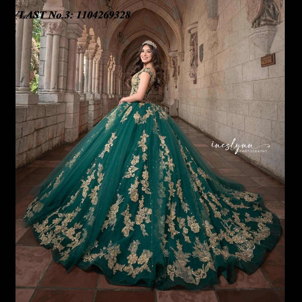 Evlast personalizado glitter verde escuro quinceanera vestido de baile ouro renda applique miçangas doce 16 vestido de 15 anos e3q277