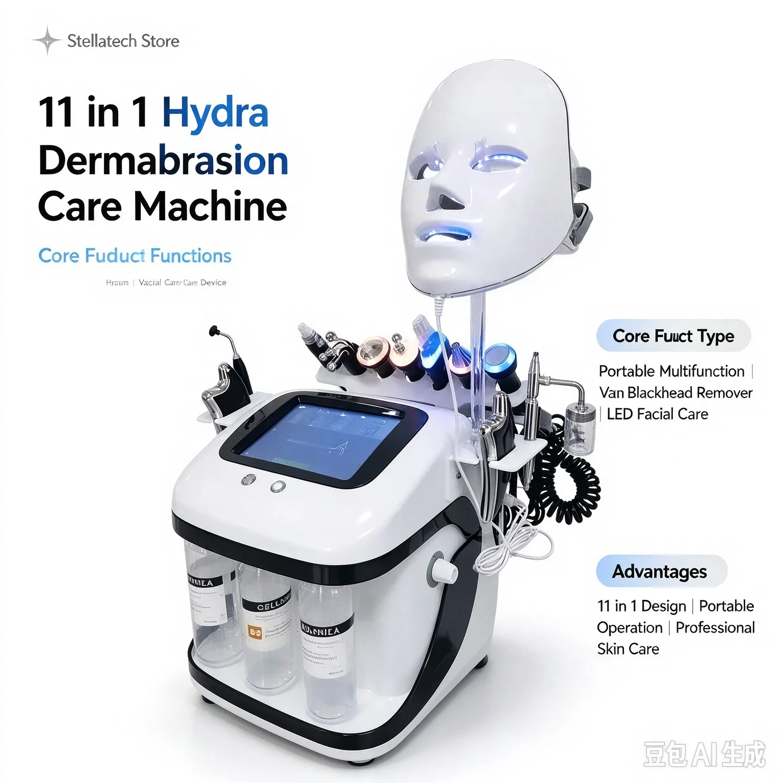 11 in 1 Portable Multifunction Hydra Dermabrasion Hydra Peeling Vacuum Blackhead Remover  Care machine With Led Facial Masks