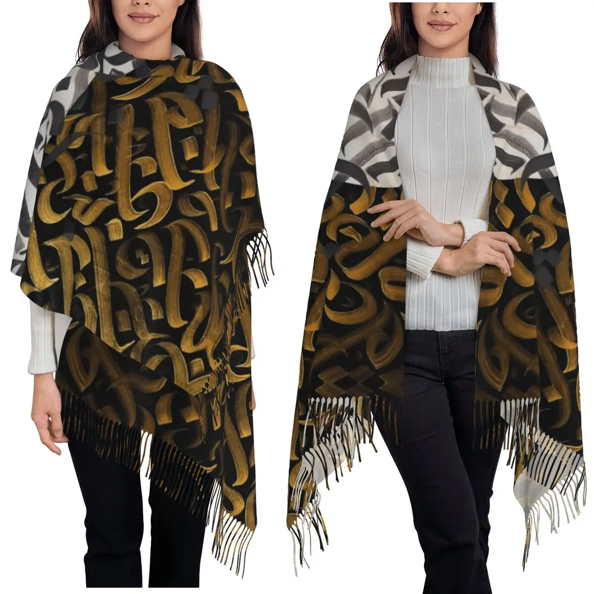 

Arabic Calligraphy Words Artwork I-Israel-S Egypt Letters Scarf Tassel Scarves Women Shawl and Wraps Long Fall Winter Shawl Wrap