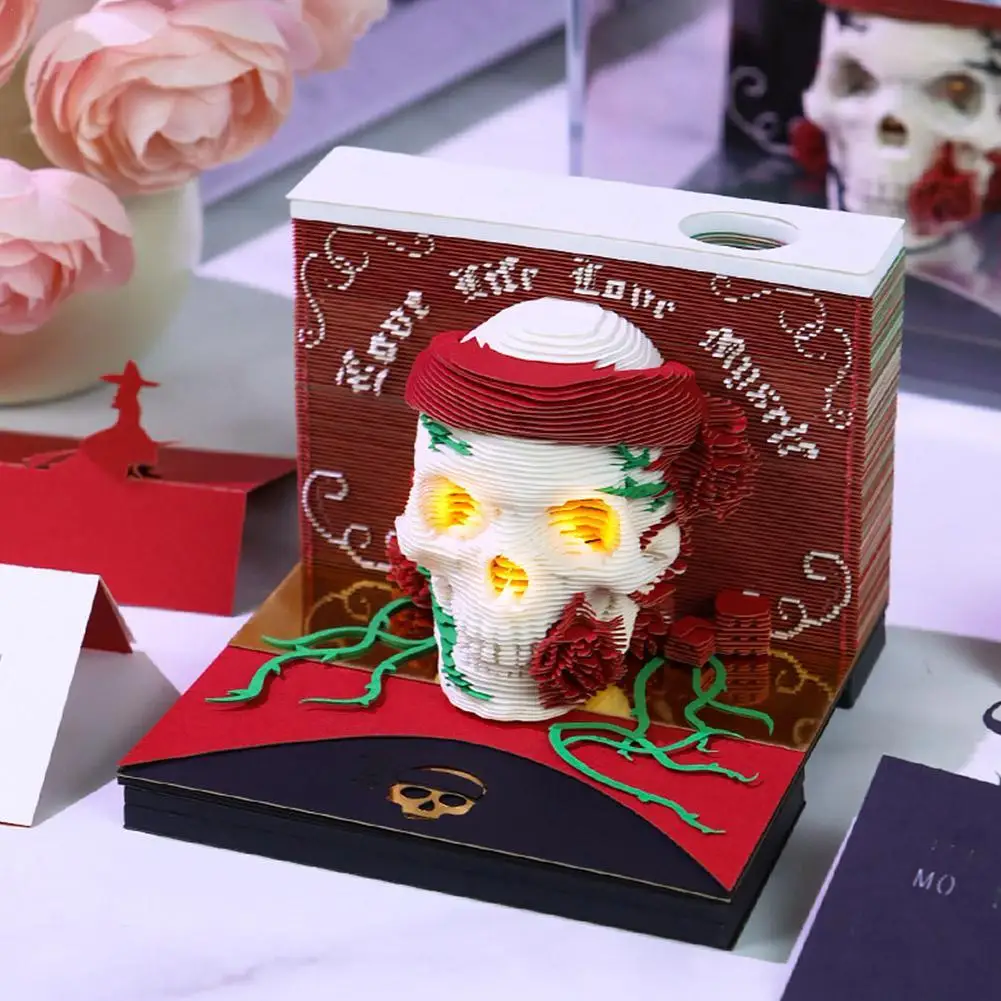 

3D бумажный художественный блокнот, календарь, бумага, череп и роза, нелипкие листы, бумажные заметки, настольные канцелярские принадлежности, офисные аксессуары