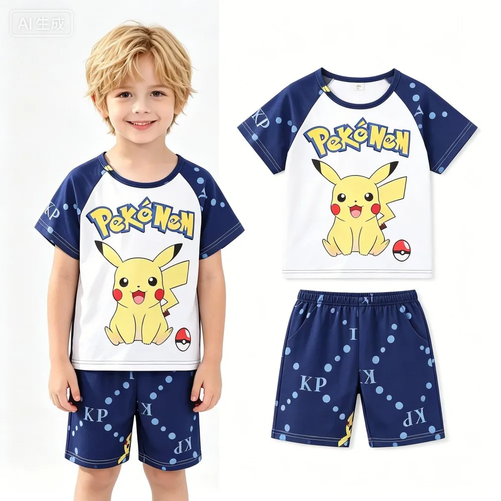 Boys and Girls Summer Short Sleeve Pikachu Pajamas Sets Kids Pyjamas Animal Cartoon Baby Homewear Nightwear for 2 to 14Years