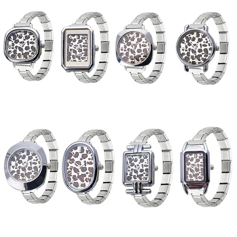 Trendy Silver Leopard Pattern Module Quartz Watch Italy Design DIY Adjustable Steel Bracelet Unisex Student Wristwatch
