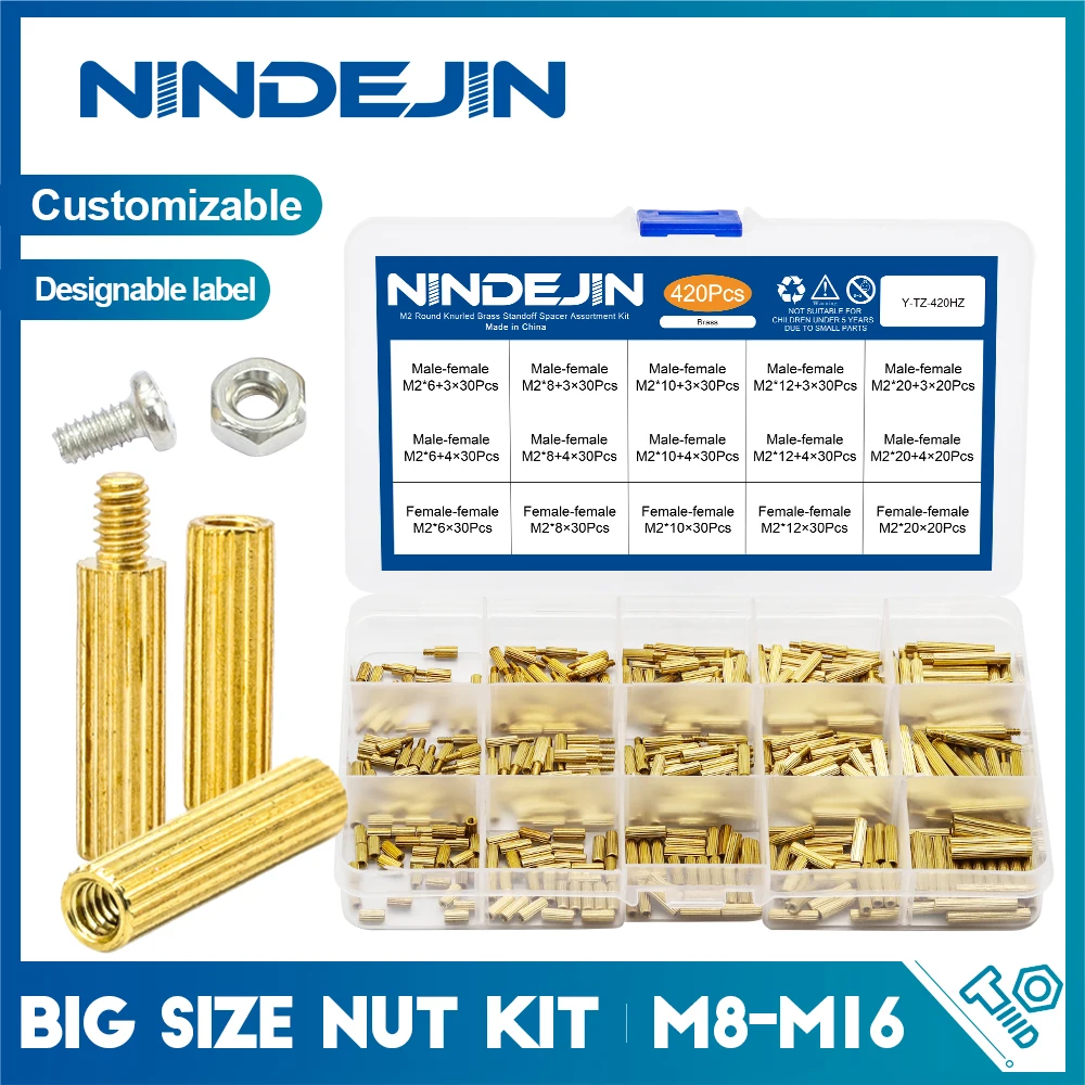 NINDEJIN 420/440 Stuks Gekartelde Ronde Messing Standoff Spacer Kit M2 Mannelijke-Vrouwelijke Ronde Moederbord Pcb Standoff met Schroeven Moeren Set