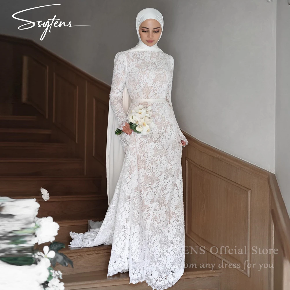 

SSYTENS Elegant Full Lace Wedding Dress High Neck Dubai Long Sleeves Mermaid Bridal Gowns Muslim Prom Bride Dresses Customized