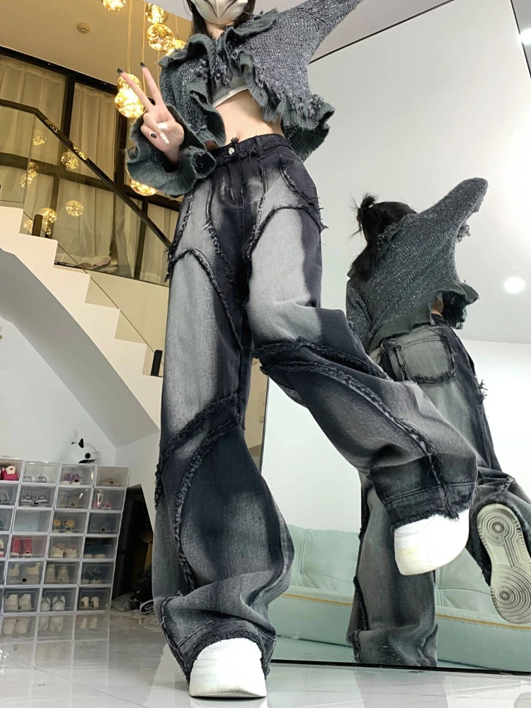 Deeptown Y2k Vintage Jeans Women Wide Leg Pants High Waist Hip-hop Streetwear Black Trouser Retro Baggy Denim Pants Aesthetics