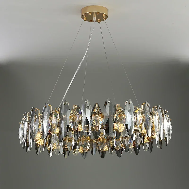 Modern Crystal Chandelier For Living Room Luxury Smoky Gray  Lamp Bedroom Hanging Light Golden Round Shape  Body