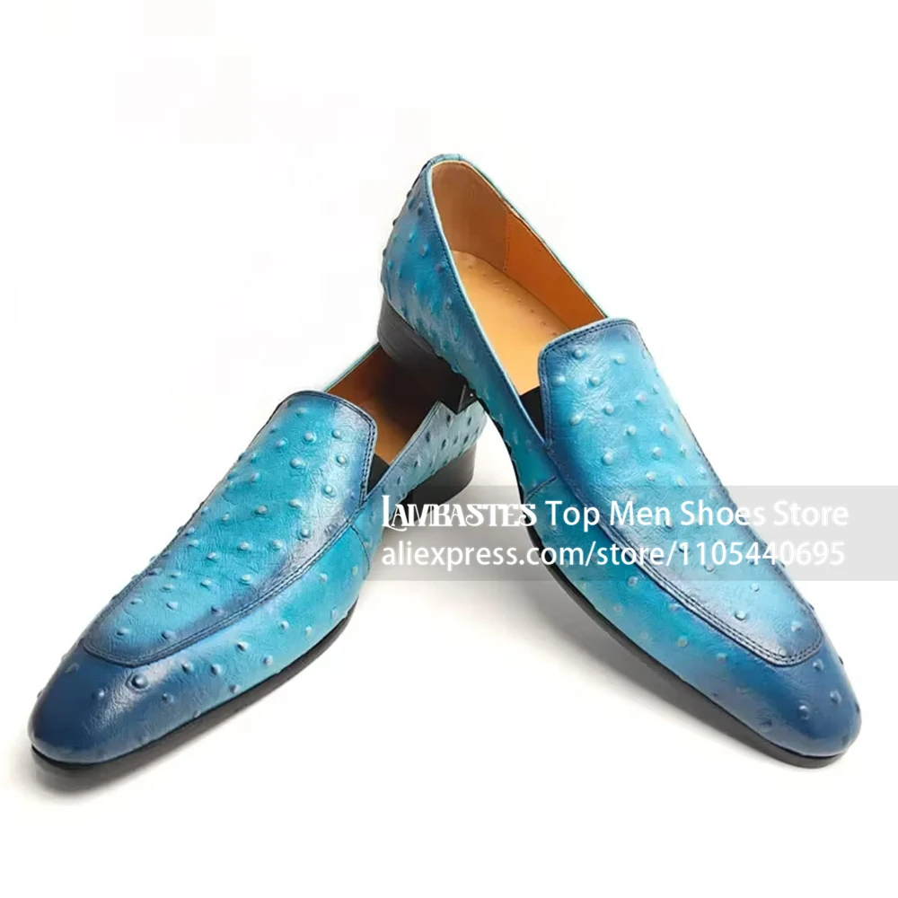 Blue Ostrich Embossed Slip On Loafers Gradient Burnished Genuine Leather Dress Loafers Bright Blue Texture Wedding Dress Loafers