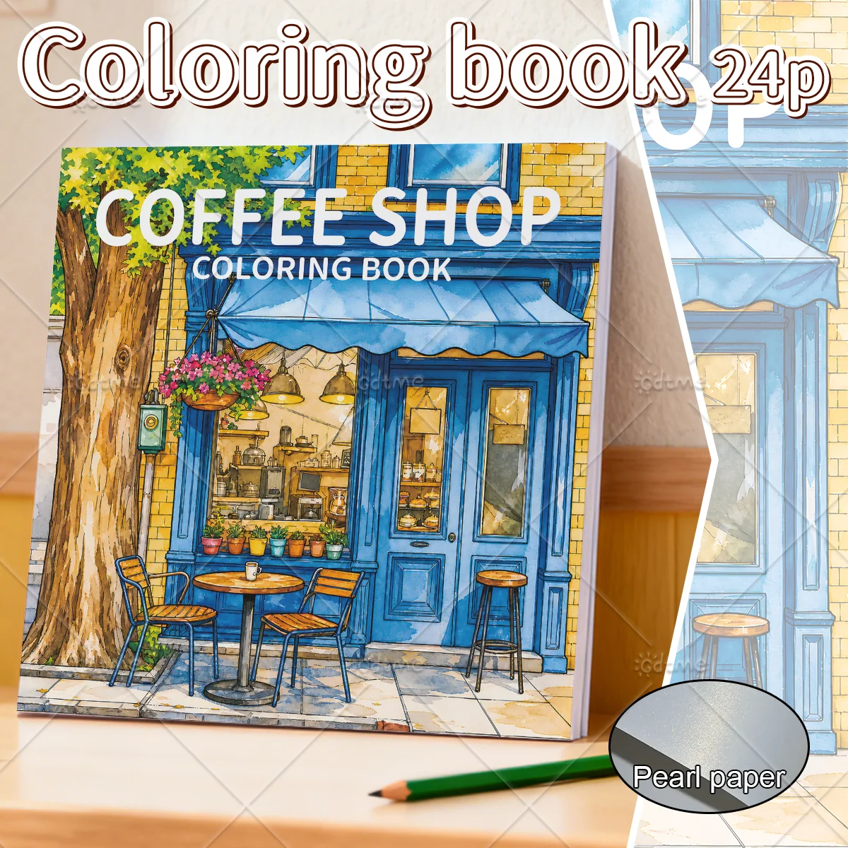 Coffee Shop Coloring Book for Adults, Watercolor Street Cafe Storefront Floral Decor Urban Scenes Stress Relief Drawing Art Gift