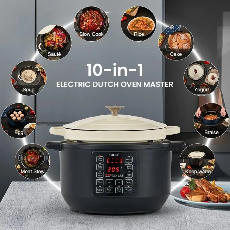 10-in-1 Slow Cooker 6 qt White, Electric Dutch Oven, Slow Cook, Braise Pot, Sear/Sauté, Enameled Cast Iron