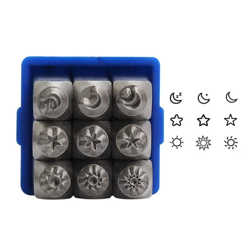 9 Pieces Celestials Designs Sturdy Steel Metal Stamps Set for Custom Jewelry Crafting and Personalizing Soft Metals