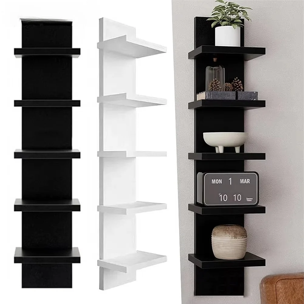 5 Tier Wal/l-Mounted Bookshelf PVC Floating Storage Rack Smooth-Pressboard Vertical Display Shelf for Living Room Bedroom Decor