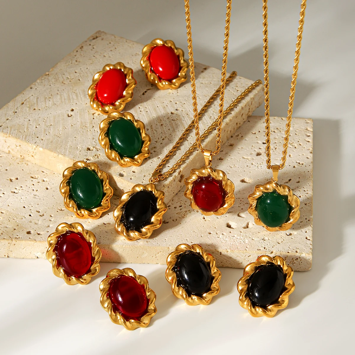 

Gold Plated Vintage Gemstone Jewelry Set For Women Red Green Black Stone Necklace Earrings Hypoallergenic Tarnish Resistant Gift