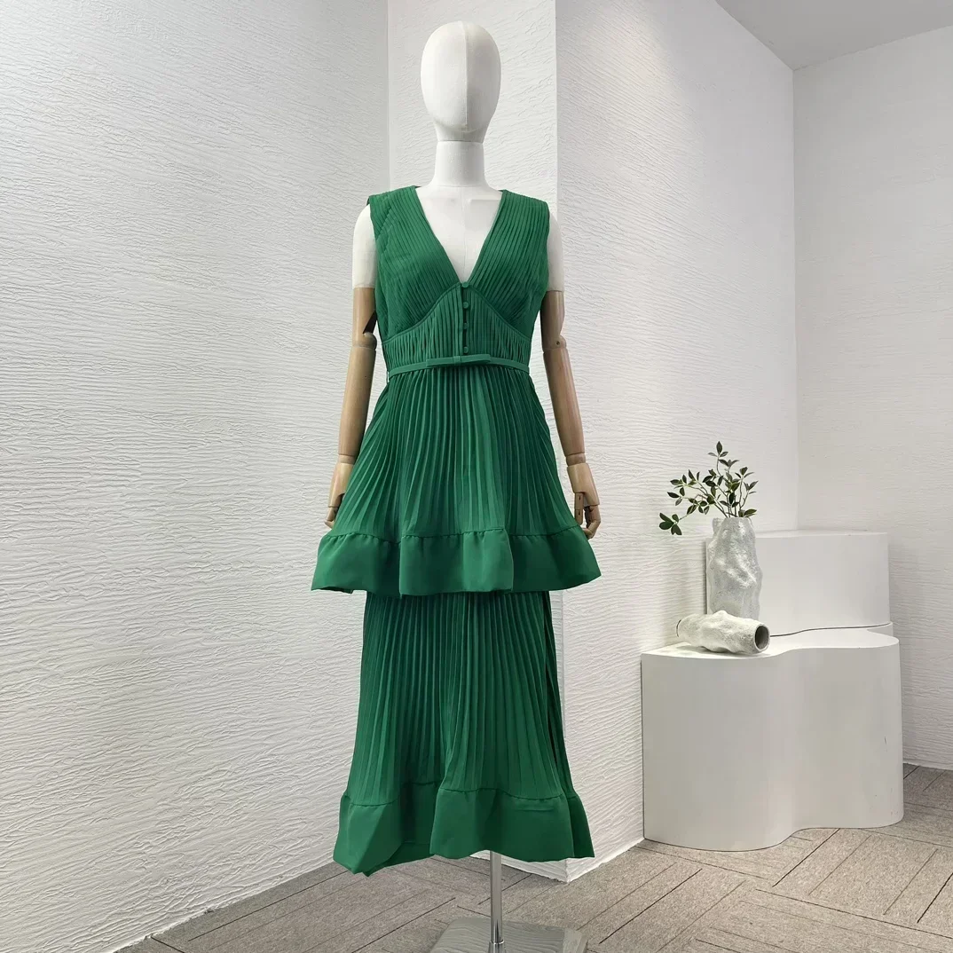 2024 New Arrivals Women Green Sleeveless Flouncing Deep V Neck Ruched Invisible Midi Dress side zipper closure