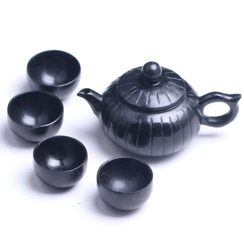 Medicine King Stone Tea Set, Bule de Jade Escuro, Teacup Serpentine, Olive Green Meteorite Pot