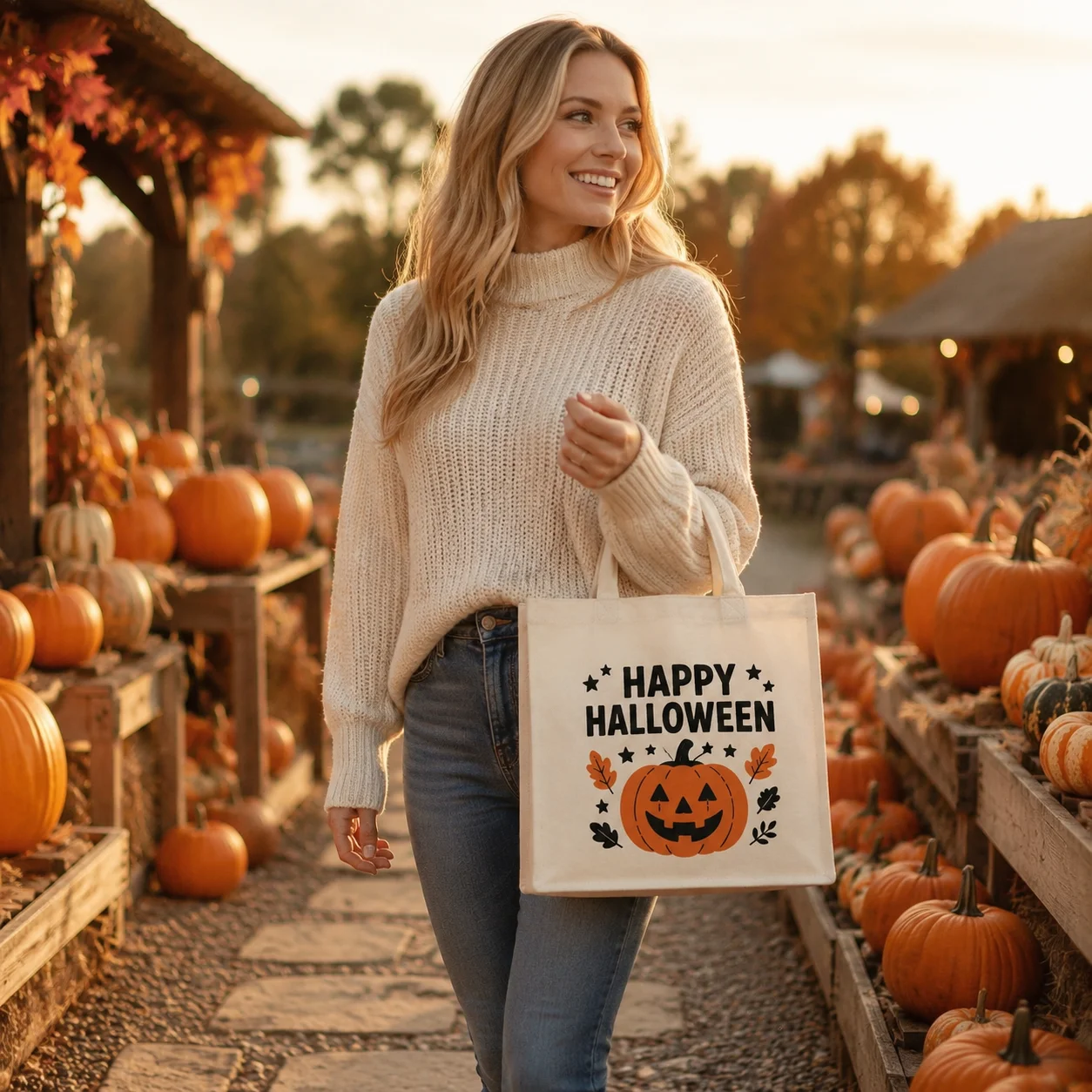 Custom Personalized Halloween Pumpkin Canvas Handbag Trick Or Treat Candy Shoulder Bag Women Design Text Photo Daily Carry Bags