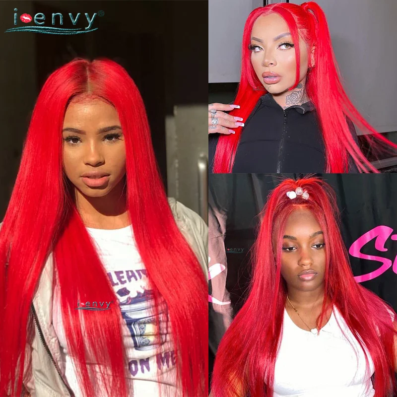 Red Colored 13x6 Lace Front  Human Hair Wigs Straight Burgundy 99J Transparent Lace Frontal Wig Pre Plucked Remy Red Human Hair