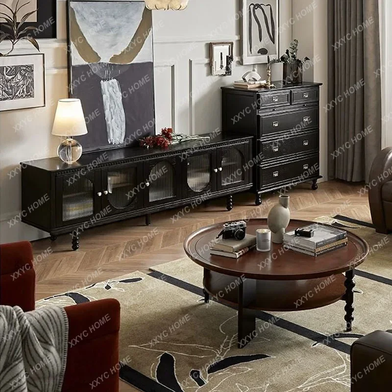 retro solid wood TV cabinet coffee table combination living room small apartment TV cabinet floor model