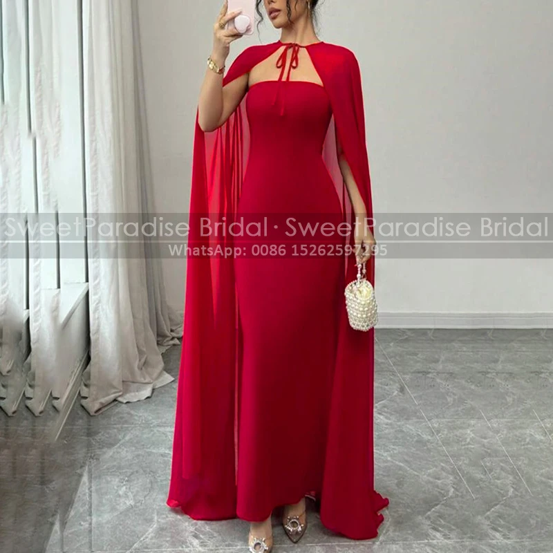 

Customized Cloak Evening Dress Mermaid Strapless Ankle Length Red Long Sheath Masquerade Dress Party For Women