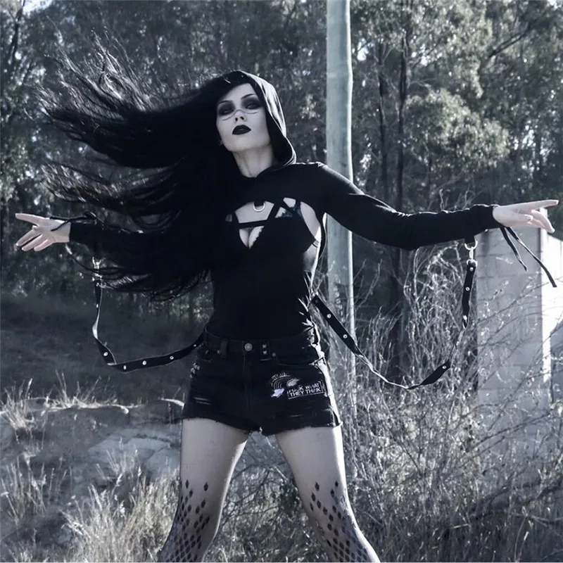 المرأة القوطية طويلة الأكمام مقنعين بلوزات ، فاسق الخريف هوديس ، Harajuku الشارع الشهير ، مثير هالوين الملابس ، الرجعية الموضة ، قصيرة