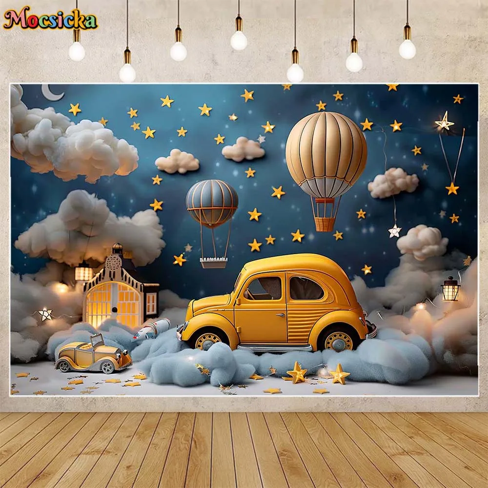 Mocsicka neonato fotografia sfondo mongolfiera giallo auto stella bambino torta di compleanno Smash sfondo per puntelli Studio fotografico