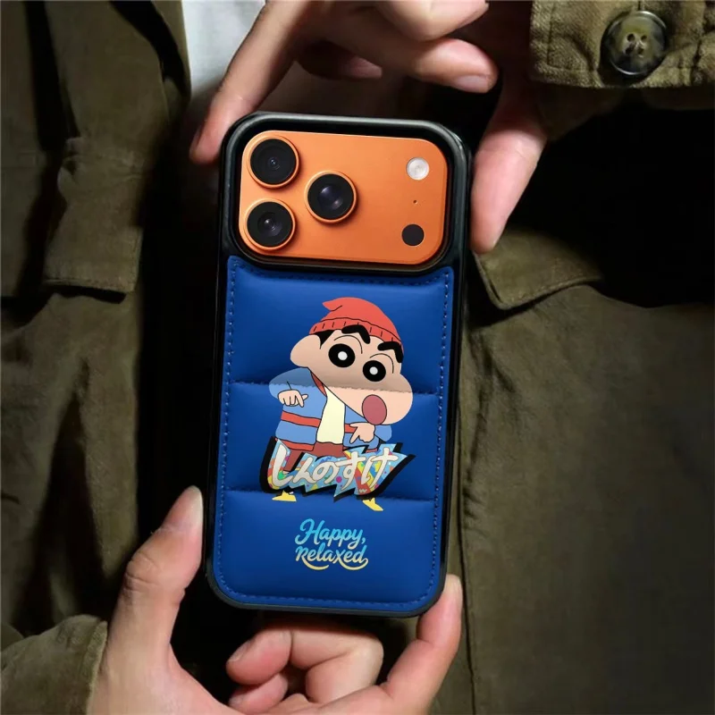 Fuuny Crayon Shin-chan Down Jacket Phone Case for iPhone 11 12 13 14 15 16 17 18 Pro Max Plus Air Buffer Shichan Back Cover‌
