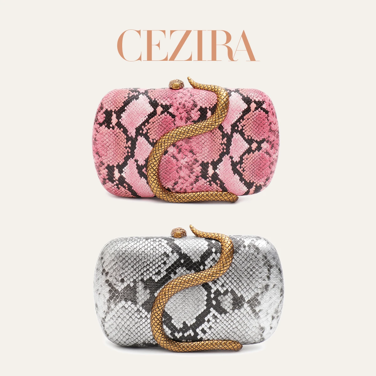 CR Women Serpentine Pattern PU Leather Clutch Evening Bag Glamorous Luxury Snake Hardware Decoration Long Chain Versatile Clutch