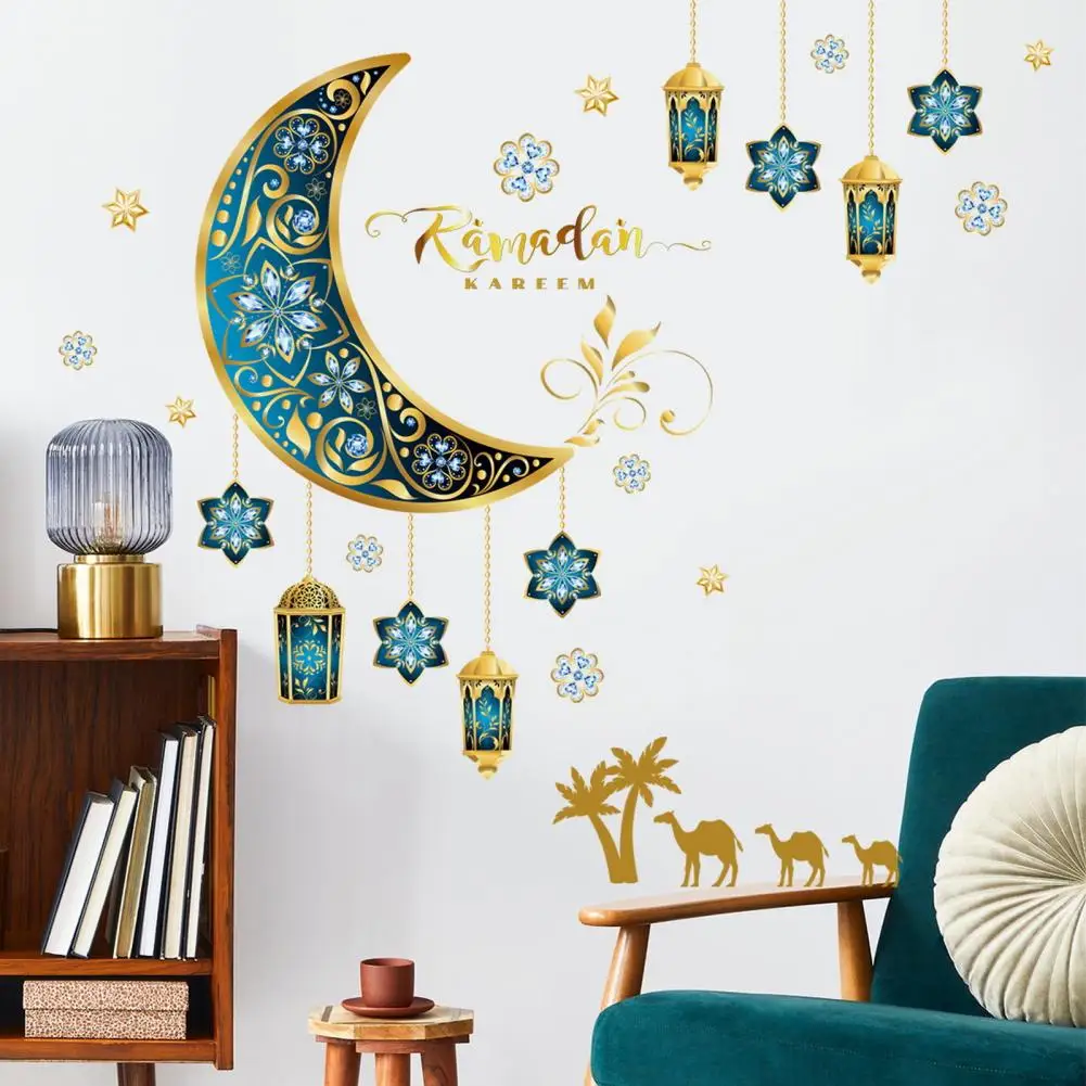 Wall Decor Blue Moon Star Lantern Sticker Waterproof Pvc Removable Wall Art Decal for Room Bedroom Office