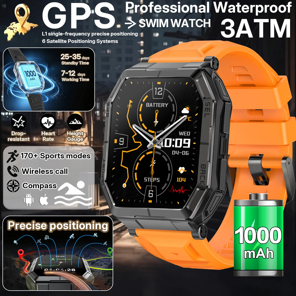 LIGE Military TANK 1000mAh Battery GPS Smart Watch 3ATM Waterproof Compass Altimeter Barometric 1.95