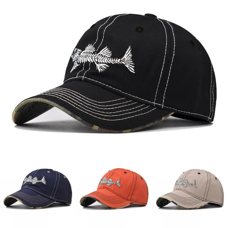 Fish Bone Embroidery Baseball Caps Unisex Four Seasons Outdoor Adjustable Casual Hats Curved Camouflage Brim Sunscreen Hat