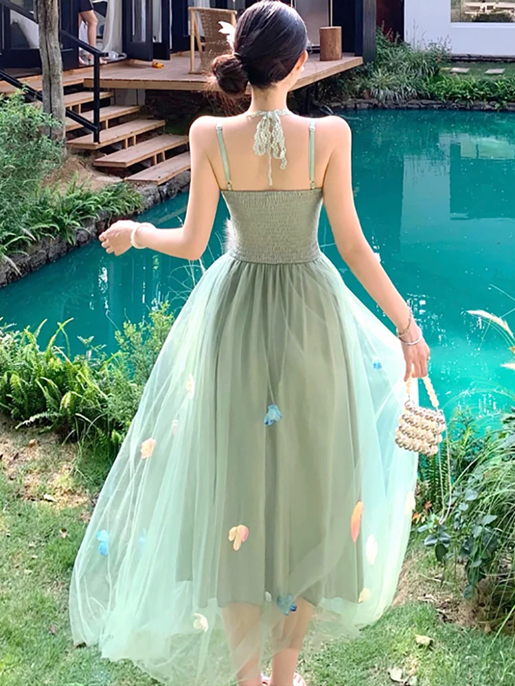 レディース グリーン メッシュ パッチワーク 花柄 スリング セクシー ロングドレス サマー エレガント ラグジュアリー イブニングドレス 2025 韓国 ボディコン フェスティバル ドレス