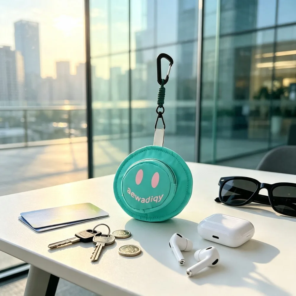 1 Pack Trendy Mint‑Green Hat‑Shaped Mini Storage Pouch, Hanging Zipper Coin & Key Purse, Small Earbud Cosmetic Change Wallet with Carabiner Braided Rope, for Backpack Travel Camping, 14cm Diameter