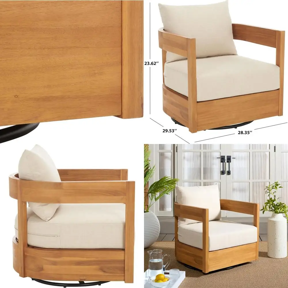 

Коллекция уличной мебели для патио - поворотное кресло из натурального дерева с подушками цвета тауп, полностью собранные акцентные кресла, современный дизайн.