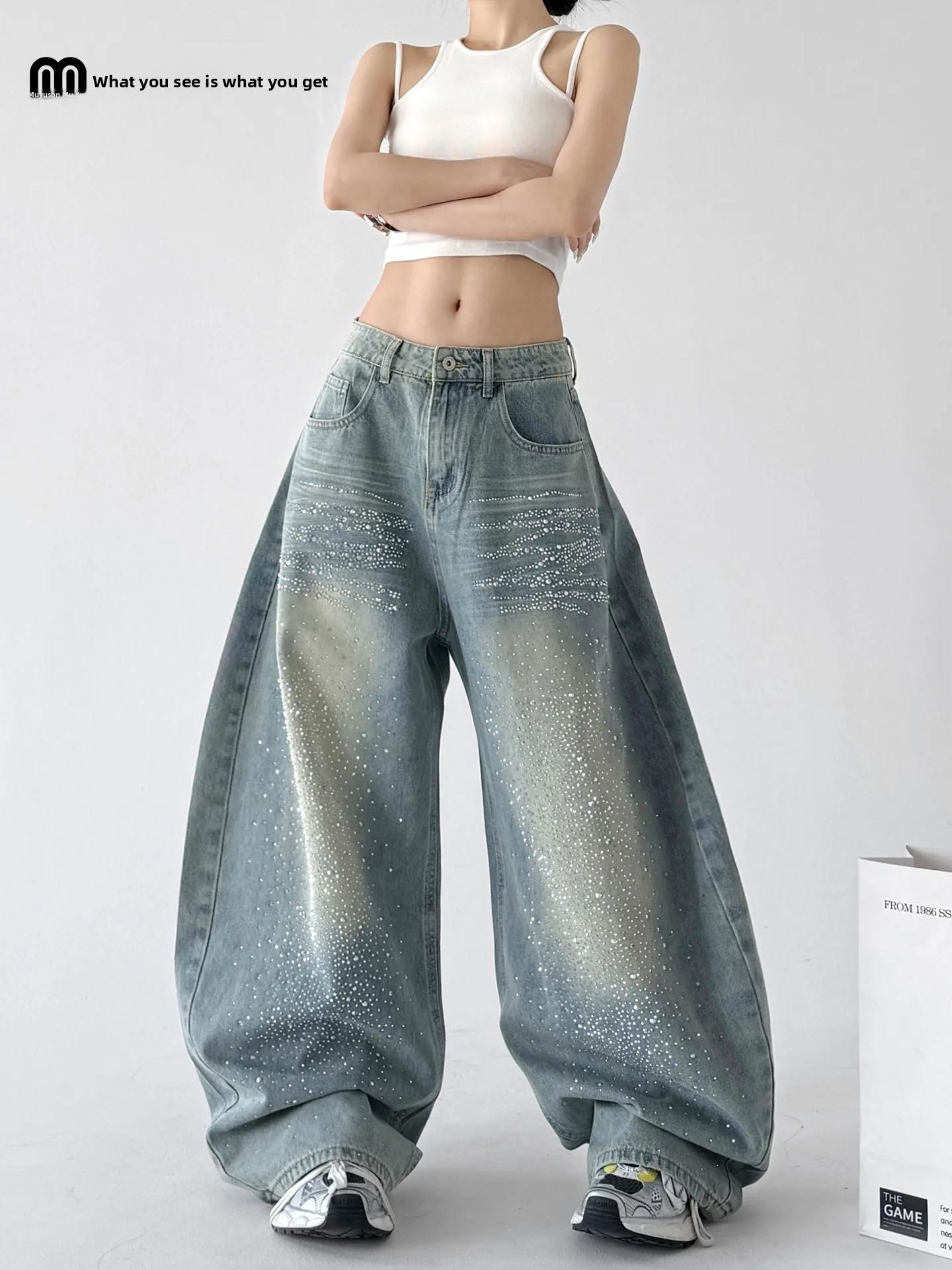 

American Hip Hop Sle Wide Leg Jeans Women's Spring New Loose Slimming Street Long Pants Diamond Heating Low Waist Cotton Denim