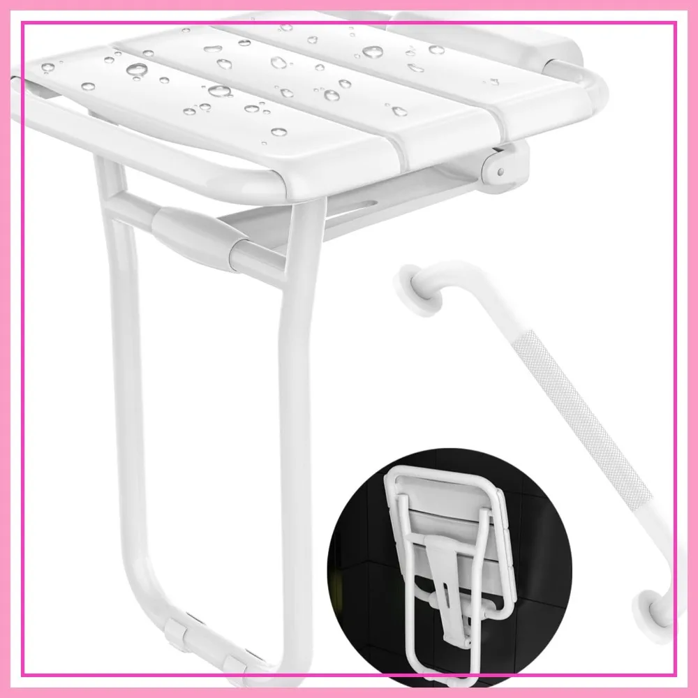 

Folding Shower Seat Wall Mounted - 500 Lbs Capacity - 14x16" Stainless Steel Shower Bench with 16" Grab Bar