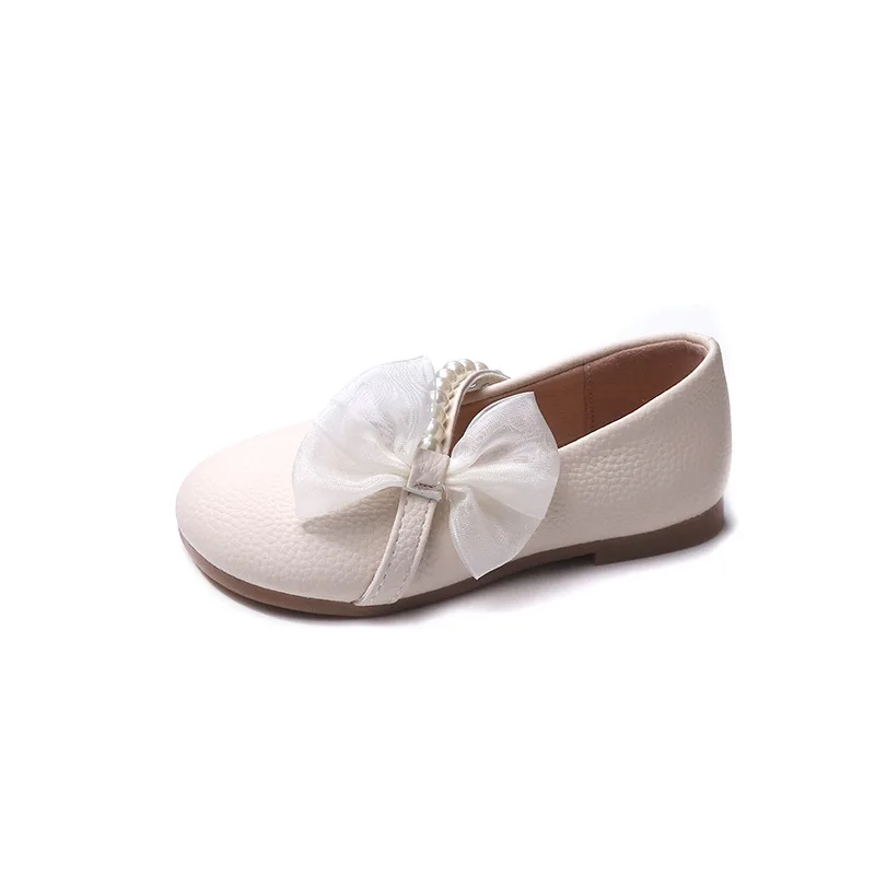 Spring and Autumn Girls' Leather Shoes2024New Style White Pearl Little Girl Soft Bottom Western Style Children's Peas Shoes