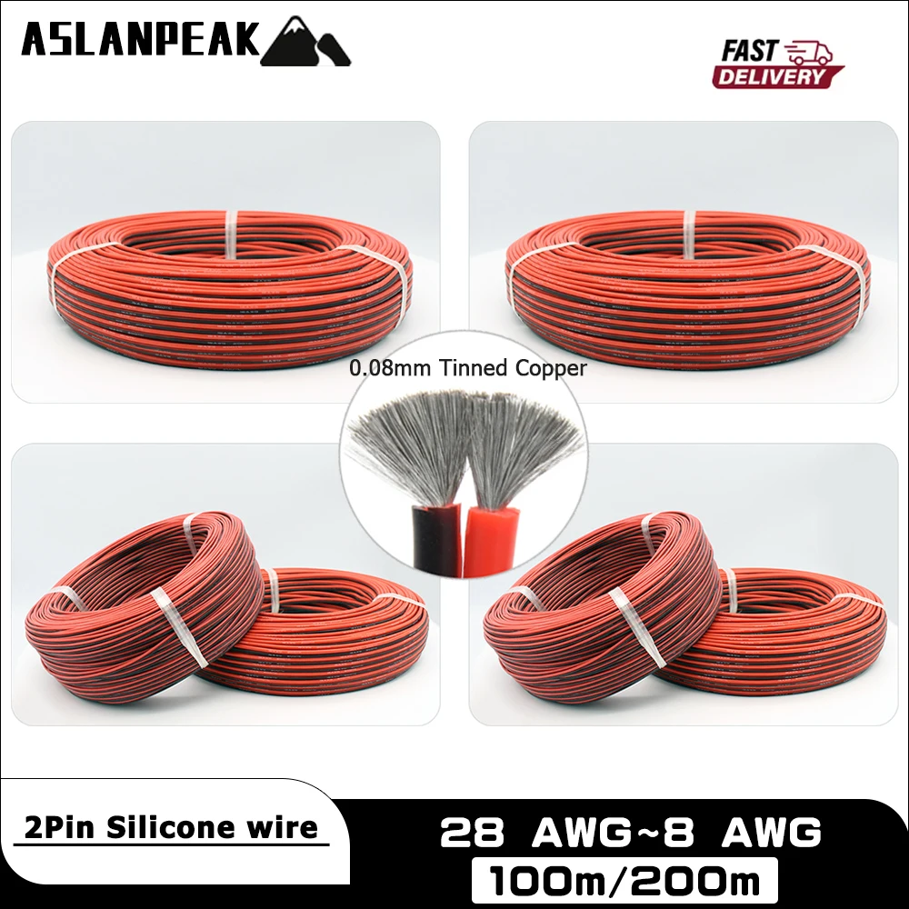100m/Roll Black Red 2pin Silicone cable Ultra soft Parallel Double wire High and low temperature resistant Electric cable