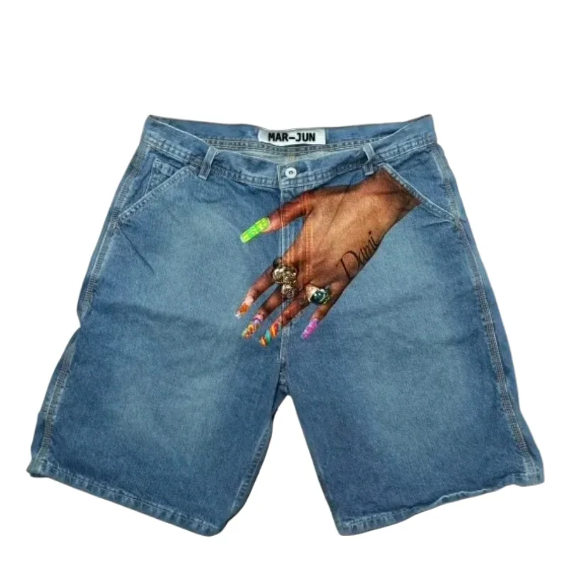 Retro hip-hop blue Baggy hand print men denim shorts Y2K Gothic Harajuku sports pants basketball shorts shorts long pants